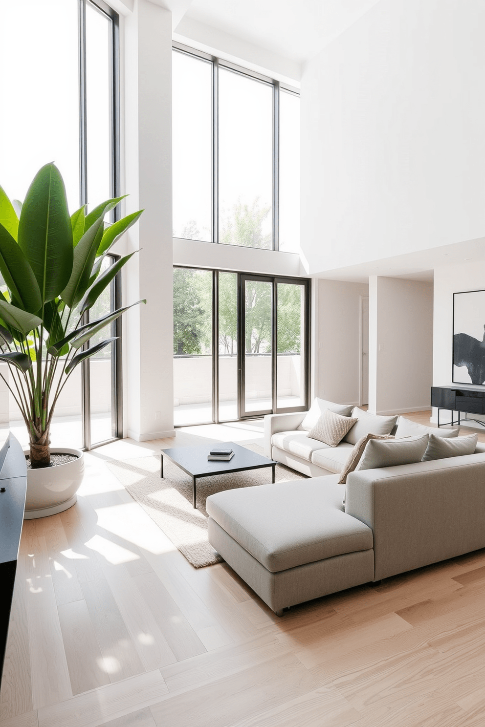 A minimalist apartment design featuring an open-concept living space with a neutral color palette. Large windows allow natural light to flood the room, highlighting a sleek sofa and a simple coffee table. In one corner, a statement plant adds a touch of greenery, bringing life to the minimalist aesthetic. The walls are adorned with abstract art, and the flooring is a light wood that complements the overall serene atmosphere.