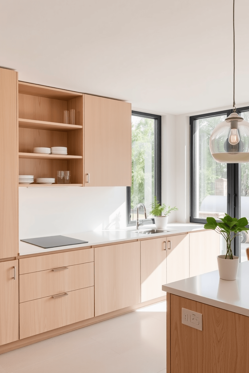 A minimalist kitchen design featuring sleek cabinetry and open shelving. The countertops are clear and tidy, showcasing only a few essential kitchen tools and a small potted herb plant. The color palette consists of soft whites and light woods, creating a serene atmosphere. Natural light floods the space through large windows, emphasizing the simplicity and functionality of the design.