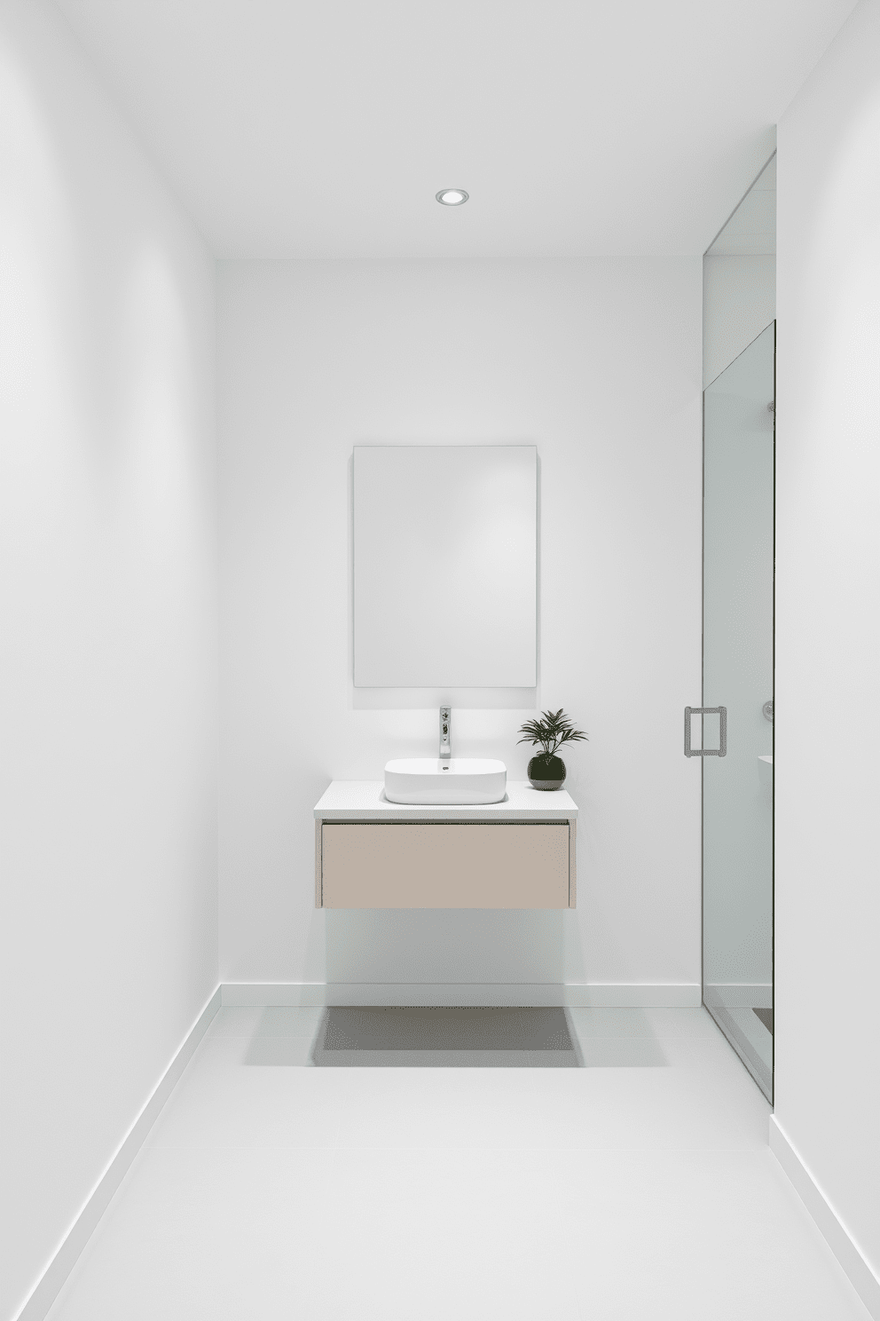 A serene bathroom space featuring sleek, minimalist fixtures. The walls are painted in a soft white tone, and the floor is adorned with light gray tiles. A floating vanity with a simple countertop holds a single modern sink. Above the vanity, a frameless mirror enhances the clean lines of the design. The shower area is enclosed with clear glass, showcasing a rainfall showerhead. Subtle greenery in the form of a small potted plant adds a touch of nature to the minimalist aesthetic. The overall ambiance is calm and uncluttered, emphasizing functionality and simplicity. Soft, ambient lighting complements the minimalist theme, creating a peaceful retreat.