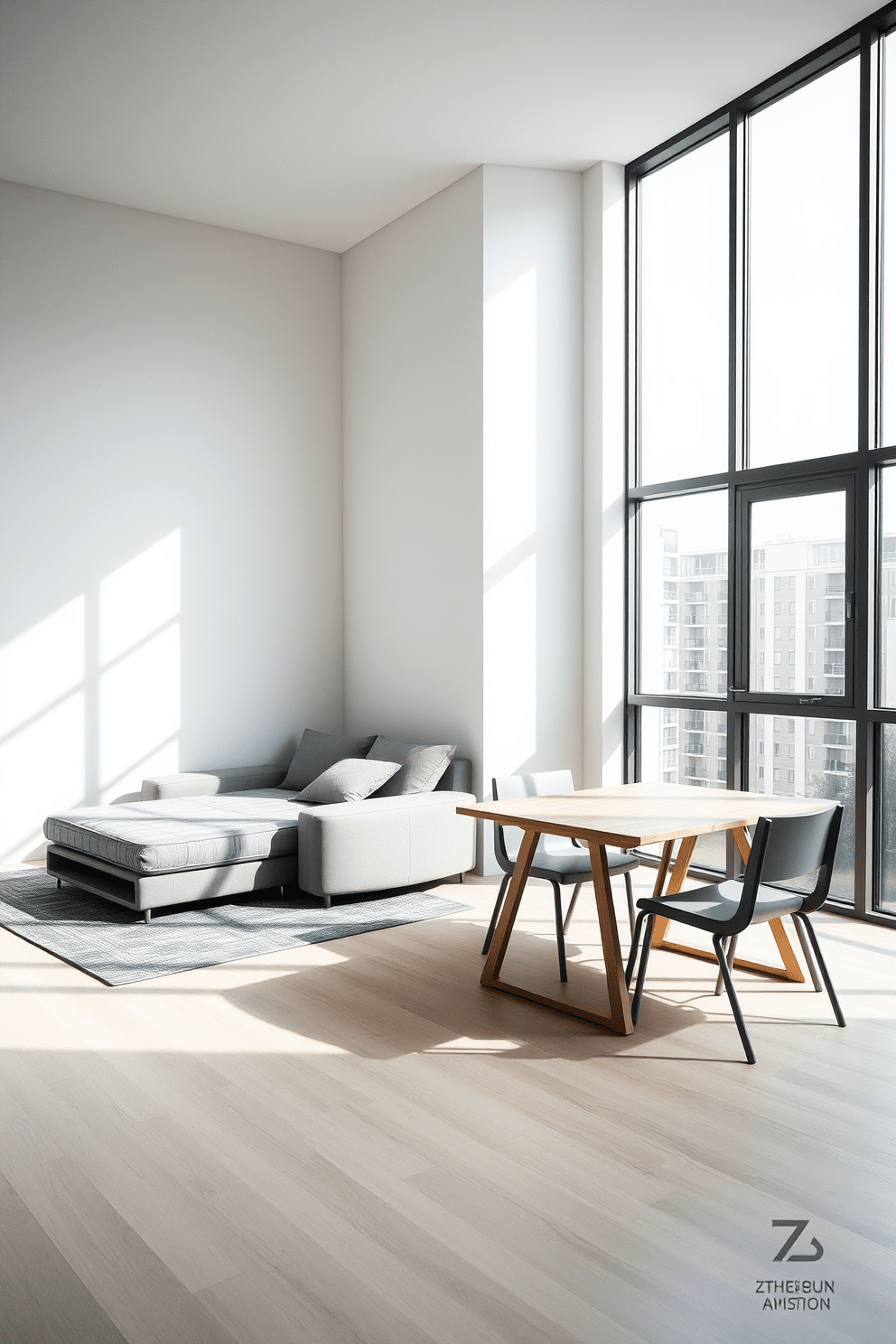 A minimalist apartment design featuring multifunctional furniture pieces. The living area includes a sleek sofa that converts into a bed, paired with a coffee table that doubles as a storage unit. The dining space showcases a compact table with foldable sides, surrounded by stackable chairs. Soft neutral tones dominate the color palette, while large windows allow natural light to flood the room, enhancing the open and airy feel.