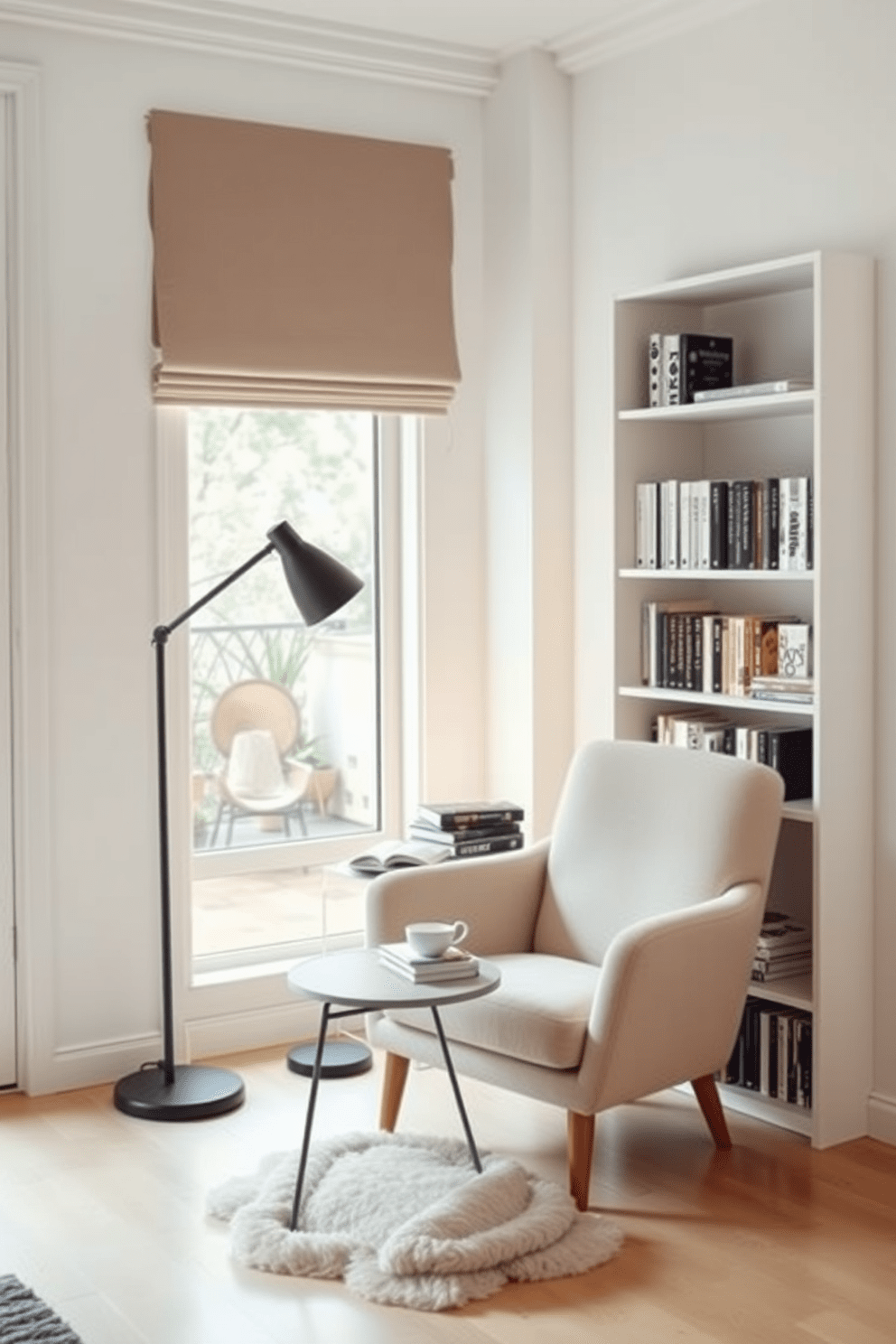 A cozy reading nook area in a minimalist apartment features a plush armchair in a soft neutral tone positioned near a large window. A small side table holds a steaming cup of tea and a stack of books, while a floor lamp provides warm, inviting light for evening reading. The walls are painted in a calming white hue, enhancing the sense of space and tranquility. A simple bookshelf with clean lines displays a curated selection of favorite reads, adding a personal touch to the serene environment.