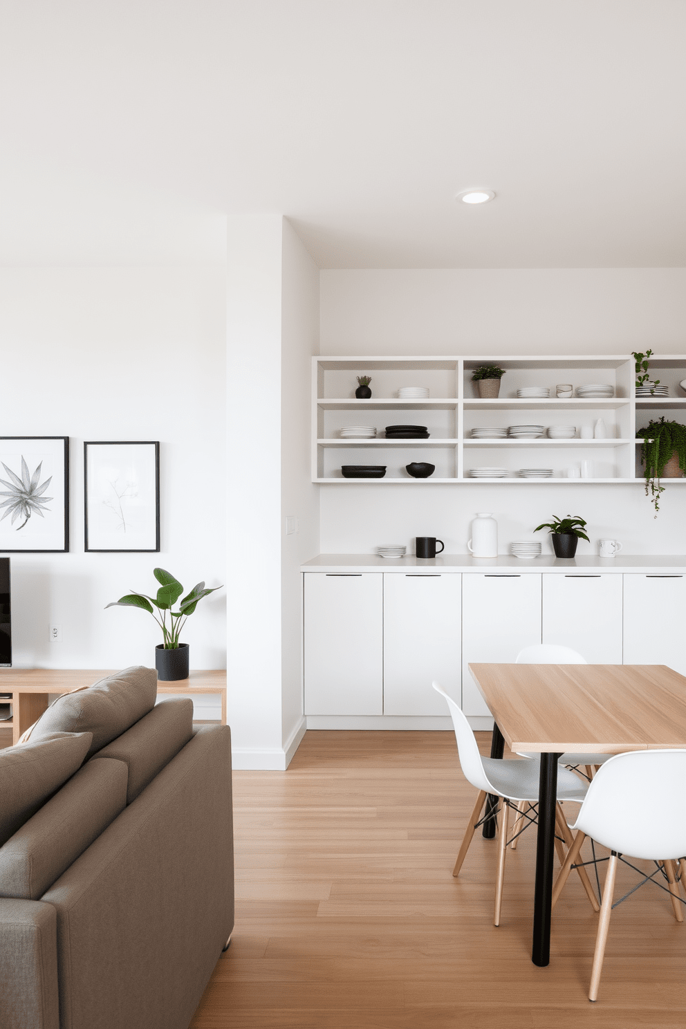 A minimalist apartment featuring open shelving that enhances the sense of space. The living area includes a sleek sofa paired with a glass coffee table, while the walls are adorned with simple art pieces that complement the neutral color palette. The kitchen showcases open shelves displaying curated dishware and plants, creating an inviting atmosphere. A light wood dining table sits in the corner, surrounded by modern chairs, emphasizing the uncluttered design.