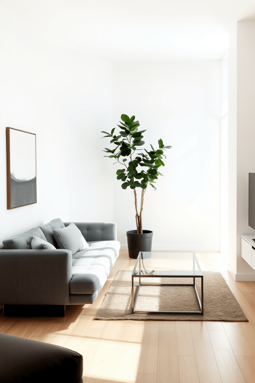 A serene minimalist apartment setting. The living room features a low-profile gray sofa paired with a sleek glass coffee table, surrounded by light wood flooring. The walls are painted in a soft white hue, allowing natural light to fill the space. A single large potted plant adds a touch of greenery in the corner, while a simple abstract painting hangs above the sofa.