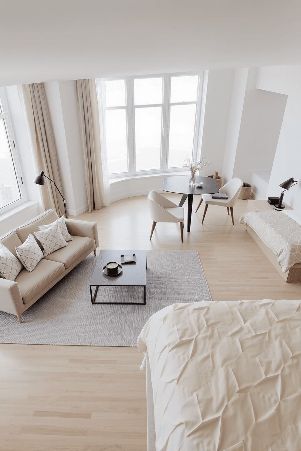 A minimalist apartment design featuring simple geometric patterns for textiles. The space includes a neutral color palette with soft textures and clean lines throughout. The living room showcases a low-profile sofa adorned with geometric patterned cushions. A sleek coffee table sits atop a textured rug, complementing the overall aesthetic. In the dining area, a modern table is surrounded by chairs upholstered in subtle geometric fabrics. Large windows allow natural light to flood the space, enhancing the airy feel. The bedroom features a platform bed with a geometric patterned throw blanket. Soft lighting and minimal decor create a serene atmosphere, perfect for relaxation.