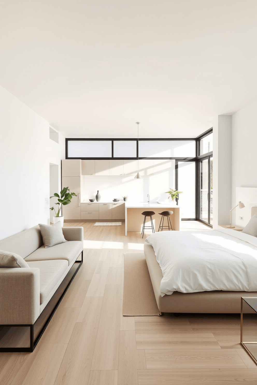 A minimalist apartment design featuring an open layout with light wood flooring and white walls. The living area includes a sleek, low-profile sofa in a neutral tone and a simple coffee table made of glass and metal. In the kitchen, there are minimalist cabinets with a matte finish and a large island with bar stools. Natural light floods the space through large windows, highlighting a few carefully chosen decorative plants. The bedroom showcases a platform bed with crisp white linens and a single bedside table with a minimalist lamp. The overall aesthetic is clean and airy, promoting a sense of calm and tranquility.