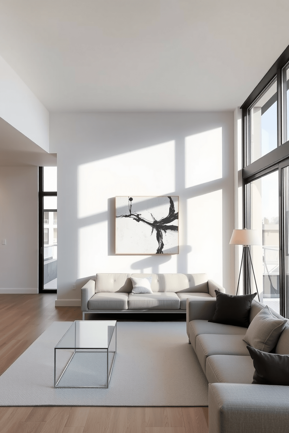 A minimalist apartment design featuring a spacious open-plan living area with large windows that flood the space with natural light. The focal point is a striking abstract art piece hung on the main wall, complementing the neutral color palette of soft whites and grays. The living area includes a sleek, low-profile sofa paired with a glass coffee table that enhances the airy feel of the room. A simple yet elegant floor lamp stands beside the sofa, providing a warm glow that highlights the art piece and invites relaxation.