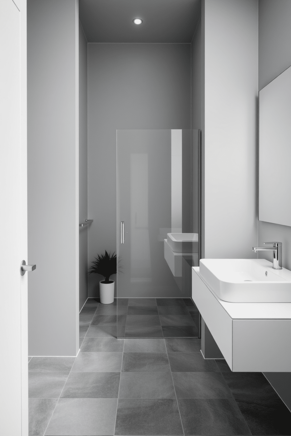 A minimalist bathroom design featuring a monochromatic color scheme. The walls are painted in soft shades of gray, complemented by a sleek white countertop and a simple undermount sink. Large format tiles in varying tones of gray cover the floor, creating a seamless look. A frameless glass shower enclosure enhances the clean lines of the space, while a single potted plant adds a touch of warmth.