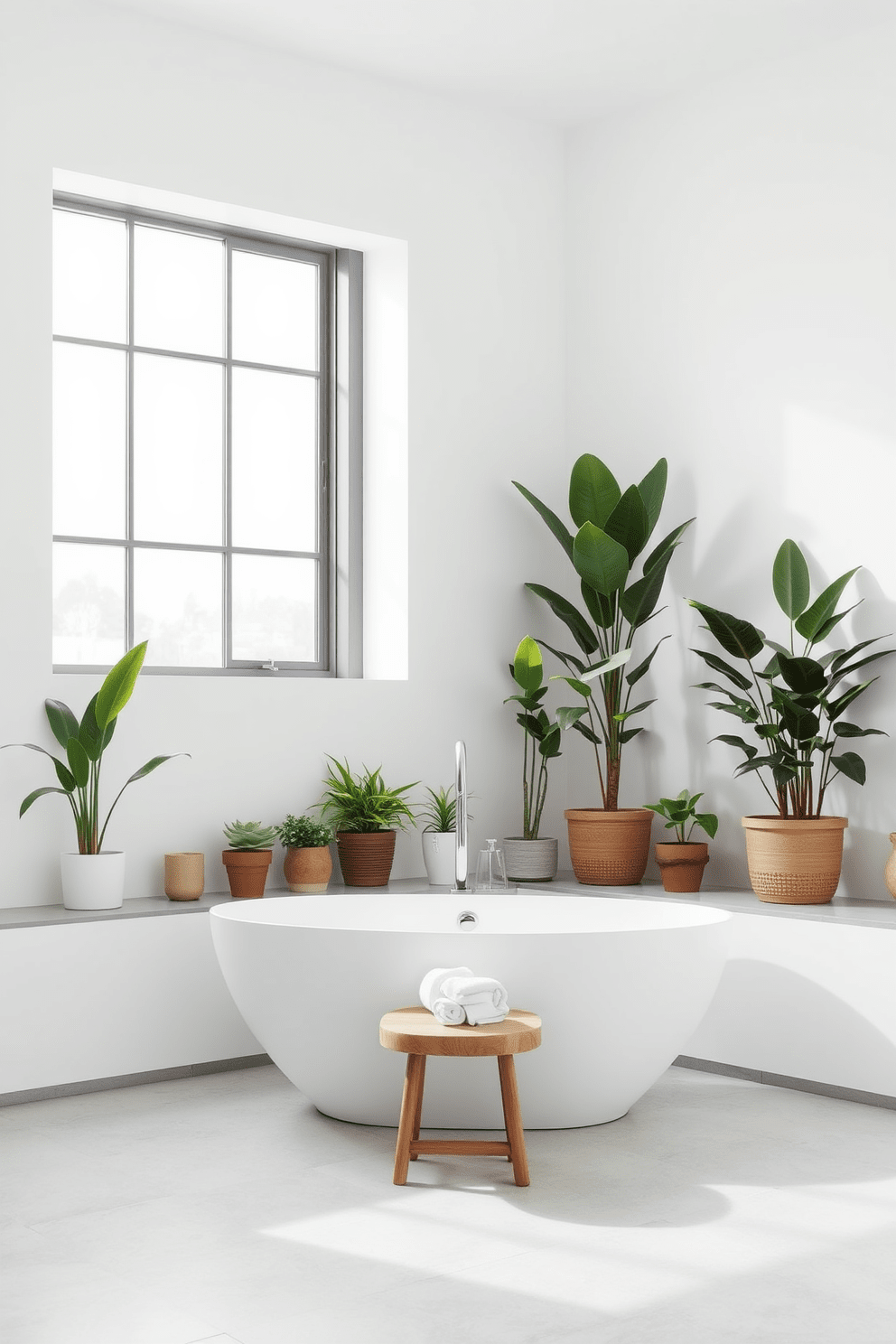 A minimalist bathroom design featuring a large window that allows natural light to flood the space. The walls are painted in a soft white tone, and the floor is adorned with light gray tiles. In one corner, a collection of potted plants adds a vibrant touch of nature to the serene environment. A sleek, freestanding bathtub sits elegantly in the center, complemented by a simple wooden stool holding a few rolled towels.