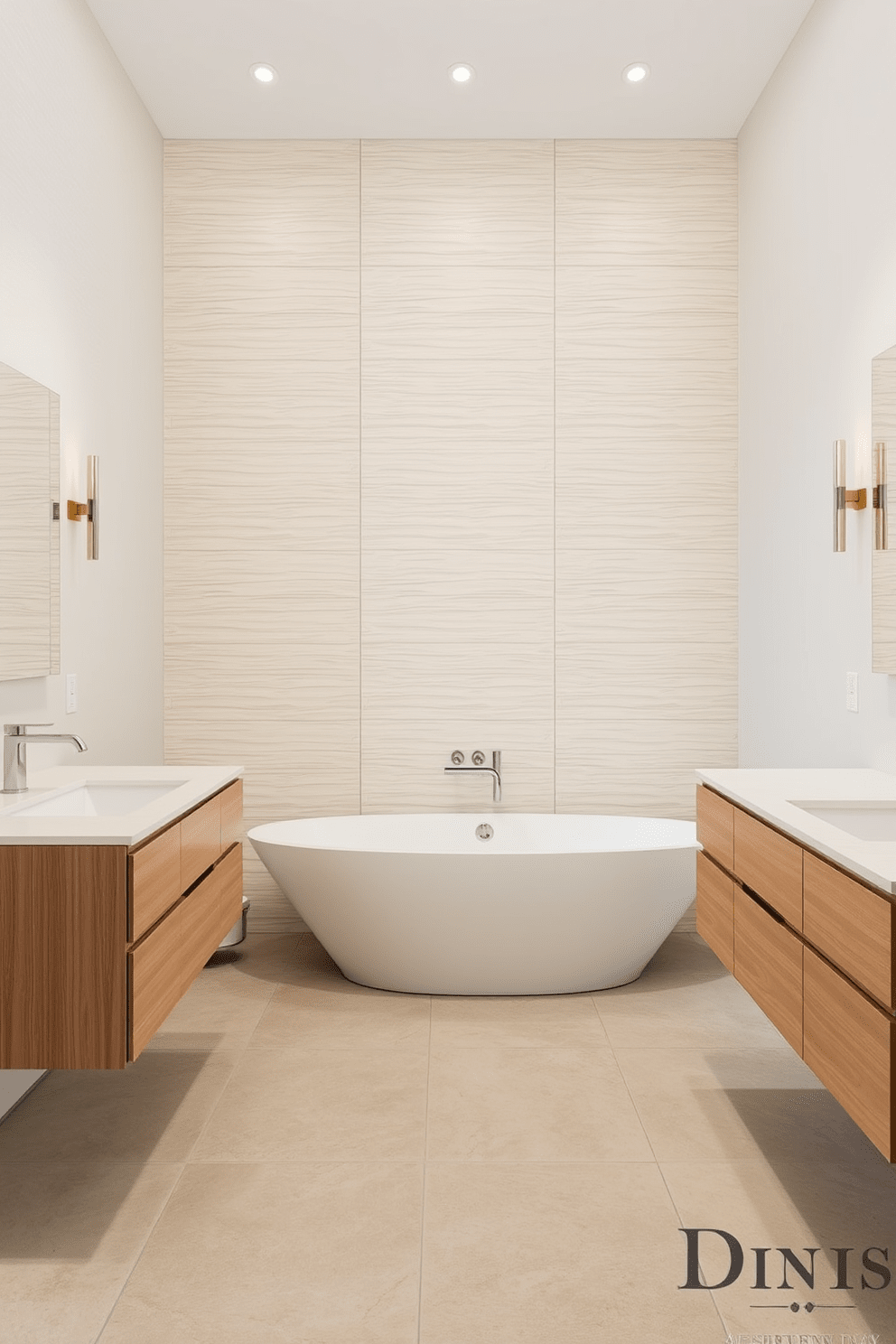 Textured wall panels create a stunning focal point in a minimalist bathroom. The soft neutral tones of the panels complement sleek fixtures and a simple, freestanding bathtub. Large format tiles cover the floor, enhancing the sense of space while maintaining a clean aesthetic. A floating vanity with minimal hardware provides functional storage without overwhelming the design.