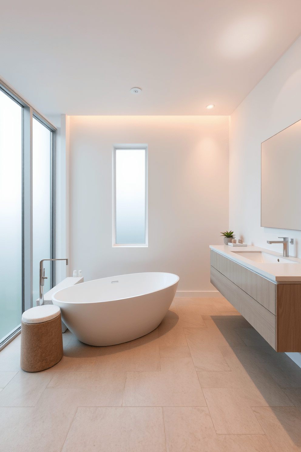 A serene minimalist bathroom featuring soft ambient lighting that creates a calming atmosphere. The space includes a freestanding soaking tub with a sleek design, surrounded by natural stone tiles in neutral tones. A floating vanity with a simple countertop provides ample storage while maintaining an uncluttered look. Large windows allow for natural light to filter in, enhancing the tranquil vibe of the room.