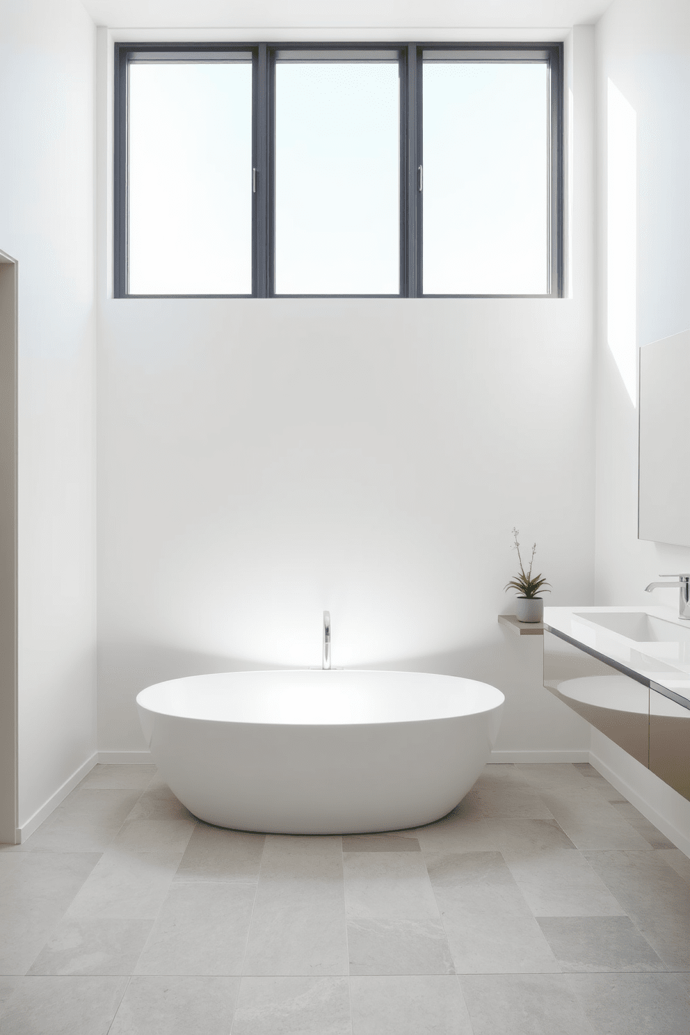 A serene minimalist bathroom featuring a freestanding soaking tub positioned beneath a large window that allows natural light to flood the space. The walls are painted in a soft white hue, and the floor is adorned with light gray stone tiles for a clean and airy feel. The bathroom includes a sleek floating vanity with a simple rectangular sink and a large frameless mirror above it. Accents of greenery are introduced with a small potted plant on the vanity, adding a touch of life to the understated elegance.