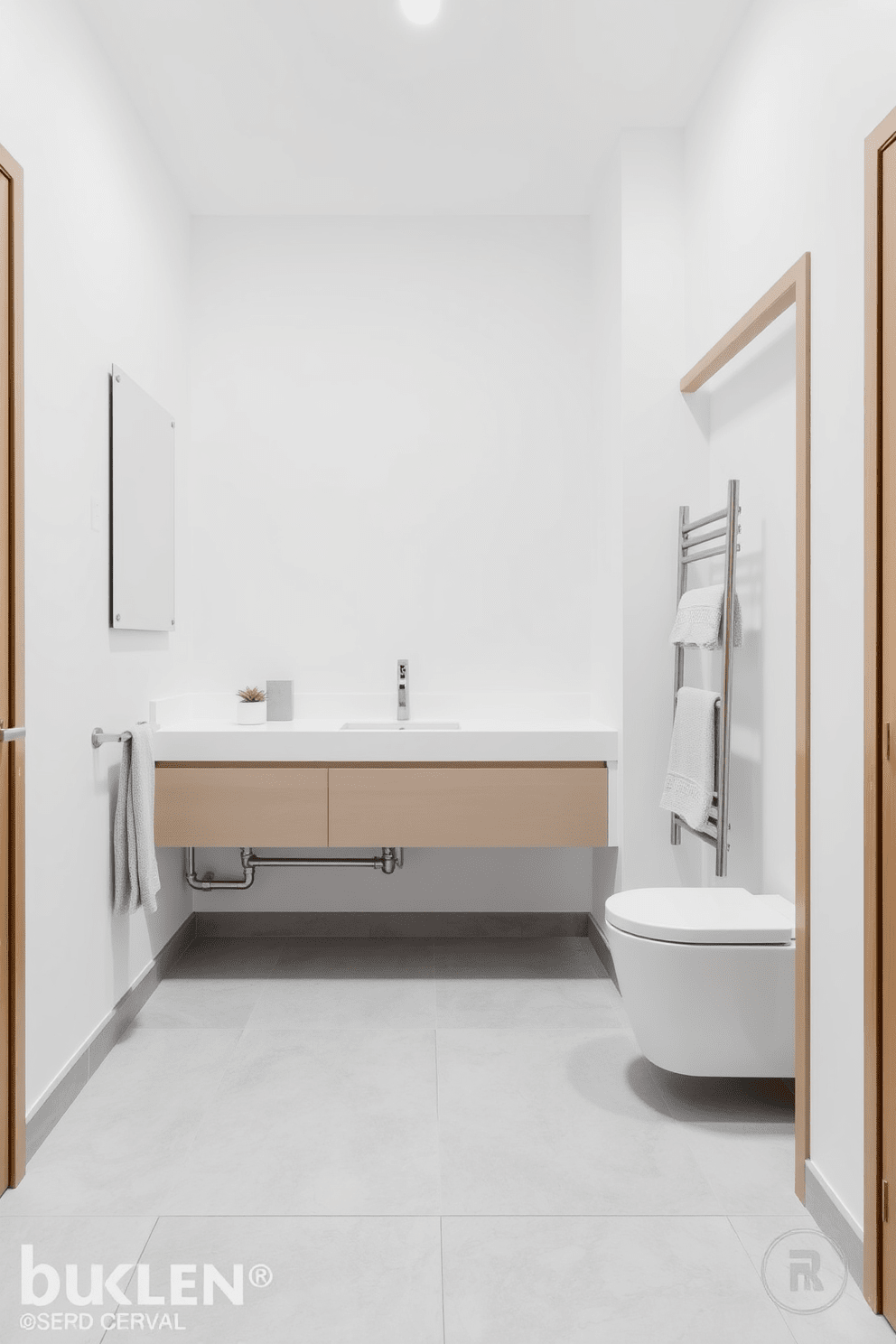 A minimalist bathroom design featuring hidden plumbing for a clean appearance. The space includes a sleek wall-mounted vanity with a seamless countertop and an integrated sink. The walls are painted in a soft white hue, creating a bright and airy feel. Large format tiles in a light gray tone cover the floor, enhancing the sense of spaciousness.