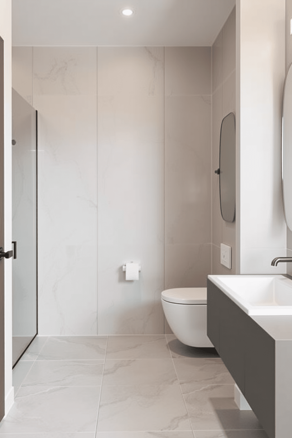 A minimalist bathroom featuring large format tiles that create a seamless look with fewer grout lines. The space is adorned with sleek fixtures and a simple color palette, emphasizing clean lines and functionality.