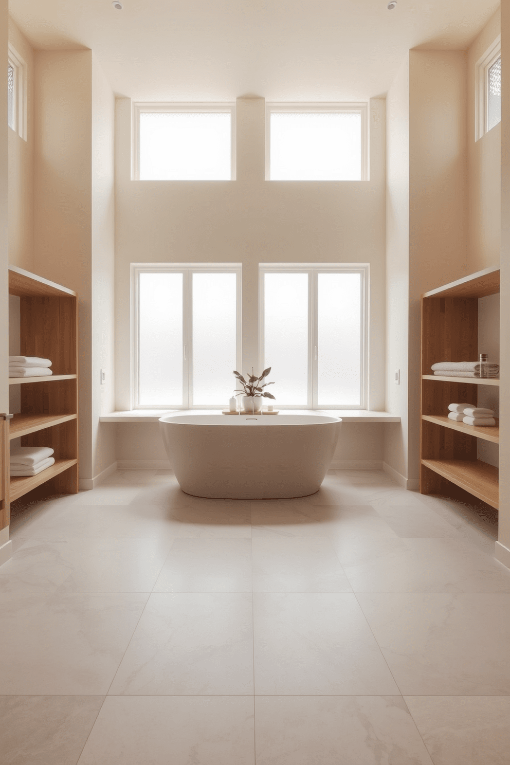 A minimalist bathroom design featuring a neutral color palette that promotes a serene atmosphere. The walls are painted in soft beige, and the floor is adorned with large, light gray tiles that enhance the sense of space. A sleek freestanding bathtub sits in the center, surrounded by simple wooden shelving for storage. Natural light filters through frosted glass windows, illuminating a small potted plant placed on the countertop.