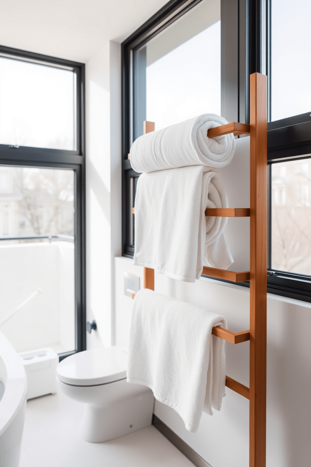 A minimalist bathroom design featuring white towels neatly arranged on a sleek wooden rack. The space is bright and airy with large windows allowing natural light to flood in, highlighting the clean lines and simplicity of the decor.