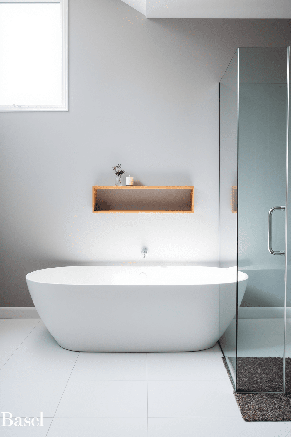 A serene minimalist bathroom featuring a sleek white freestanding tub positioned under a large window. The walls are painted in soft gray, and a simple wooden shelf holds a few carefully chosen accessories like a single plant and a scented candle. The floor is adorned with large white tiles that enhance the spacious feel. A frameless glass shower enclosure complements the clean lines of the design, while a small, stylish rug adds a touch of warmth.