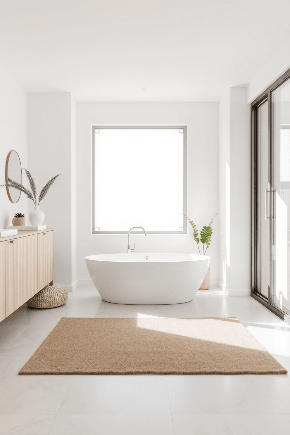 A minimalist bathroom design featuring a neutral rug that provides comfort underfoot. The space includes a sleek, freestanding bathtub with a modern faucet and a large window allowing natural light to flood the room. The walls are painted in a soft white, creating an airy feel, while the cabinetry is made of light wood for warmth. Simple, geometric shapes dominate the decor, with a few carefully selected plants adding a touch of greenery.