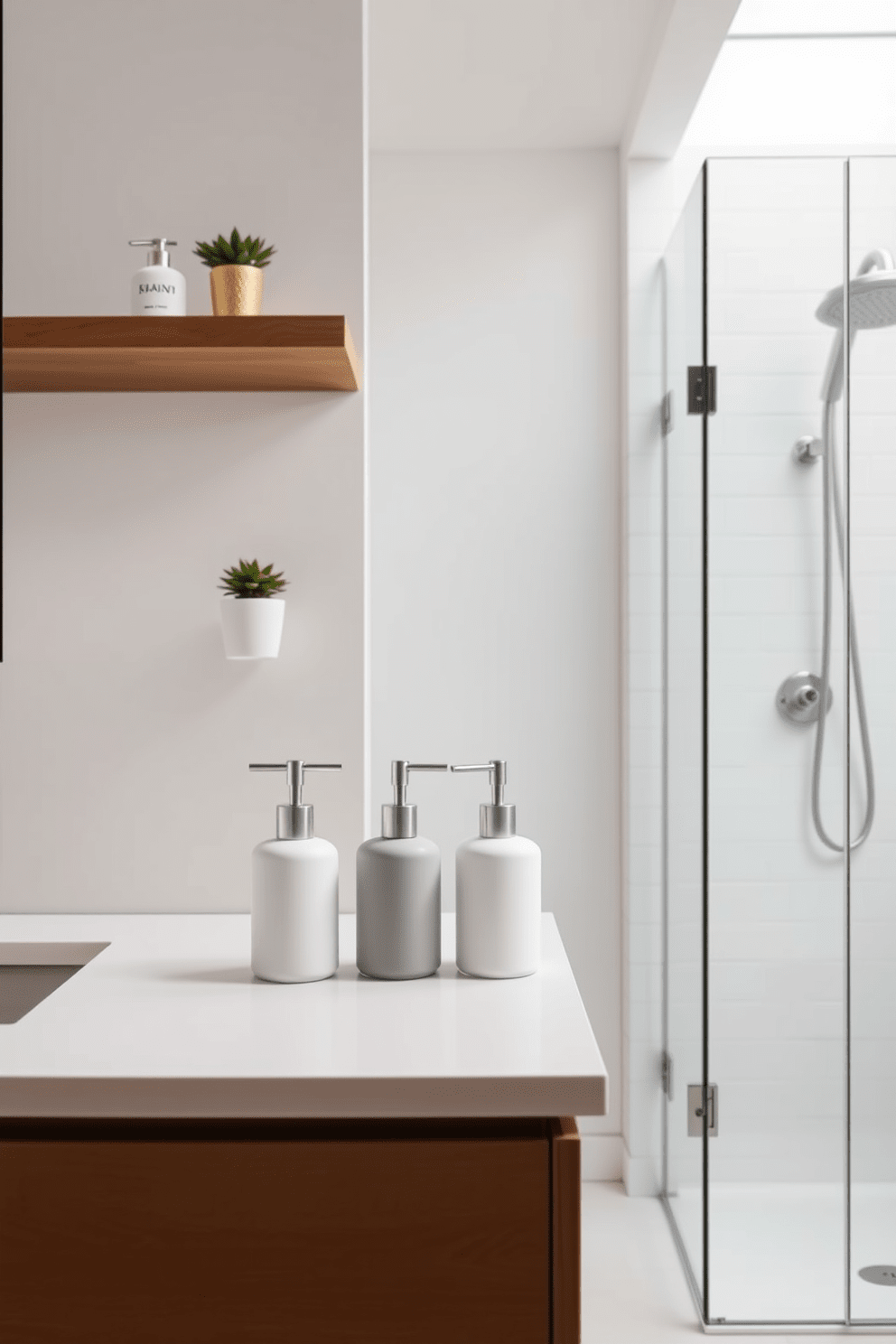 Stylish soap dispensers are elegantly arranged on a sleek countertop, complementing the overall aesthetic of the minimalist bathroom. The dispensers feature clean lines and a neutral color palette, enhancing the serene atmosphere of the space. Incorporating minimalist bathroom design ideas, the space boasts a spacious walk-in shower with frameless glass doors and a rain showerhead. The walls are adorned with simple white tiles, and a floating wooden shelf holds neatly arranged toiletries and a small potted plant for a touch of greenery.