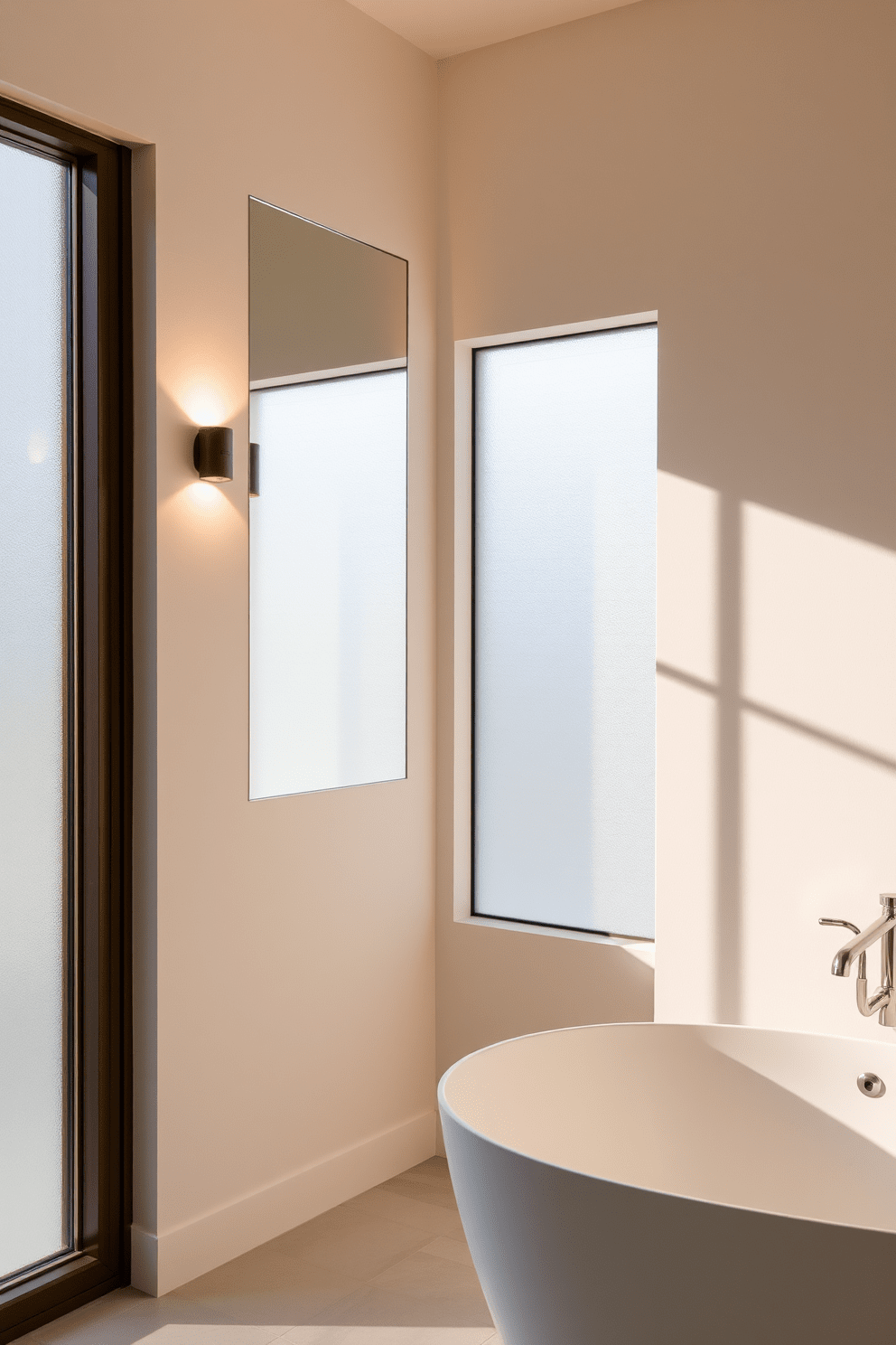 Elegant wall sconces provide soft illumination in a minimalist bathroom. The sconces are mounted on either side of a large mirror, casting a warm glow over the space. The bathroom features a sleek freestanding tub with clean lines and a matte finish. Natural light filters through frosted glass windows, enhancing the serene atmosphere.