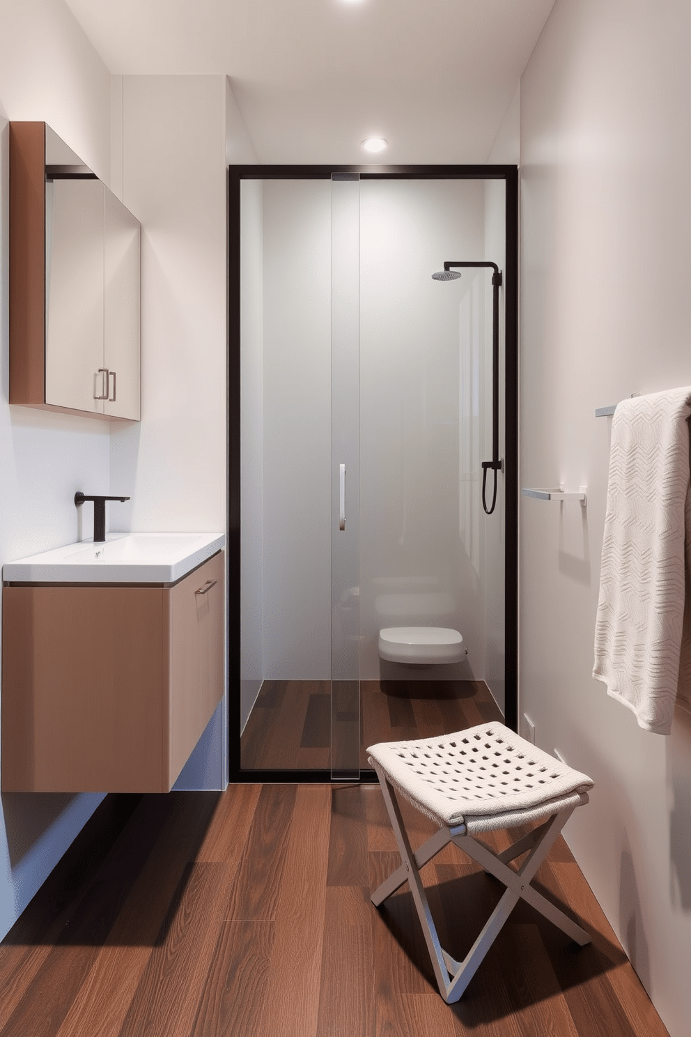 A minimalist bathroom design featuring dual-purpose furniture to maximize space. A sleek, wall-mounted vanity with integrated storage blends seamlessly with the clean lines of the room. The shower area includes a glass partition that maintains an open feel while providing functionality. A compact, foldable stool sits beside the vanity, offering extra seating when needed without cluttering the space.