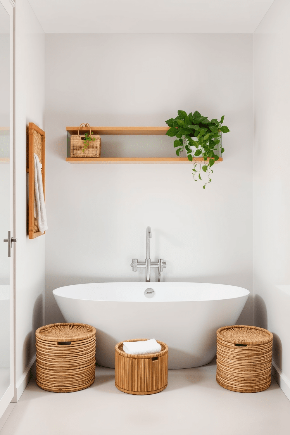 A serene minimalist bathroom featuring bamboo storage baskets that add a natural touch. The space is adorned with a sleek, freestanding bathtub and a simple wooden shelf displaying lush green plants.