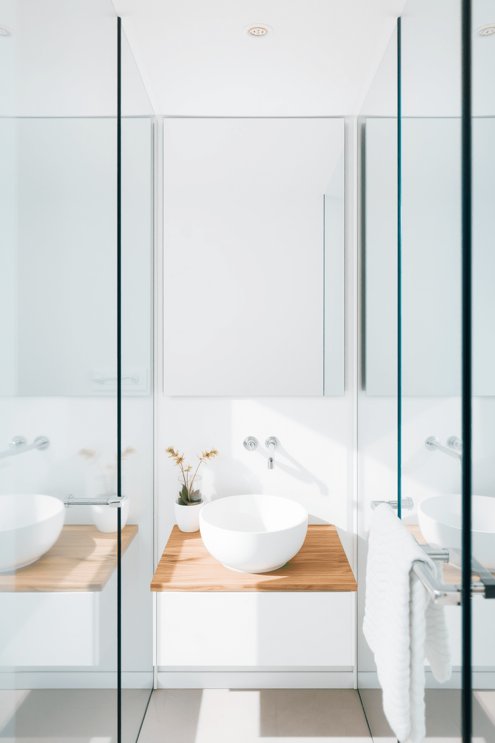 Frameless glass mirrors enhance the sense of space and light in a minimalist bathroom. The sleek design complements a clean, uncluttered aesthetic, featuring a floating vanity with a simple basin and natural wood accents. The walls are painted in a soft white, creating a serene backdrop for the elegant fixtures. Subtle touches like a single potted plant and plush towels add warmth without overwhelming the minimalist theme.