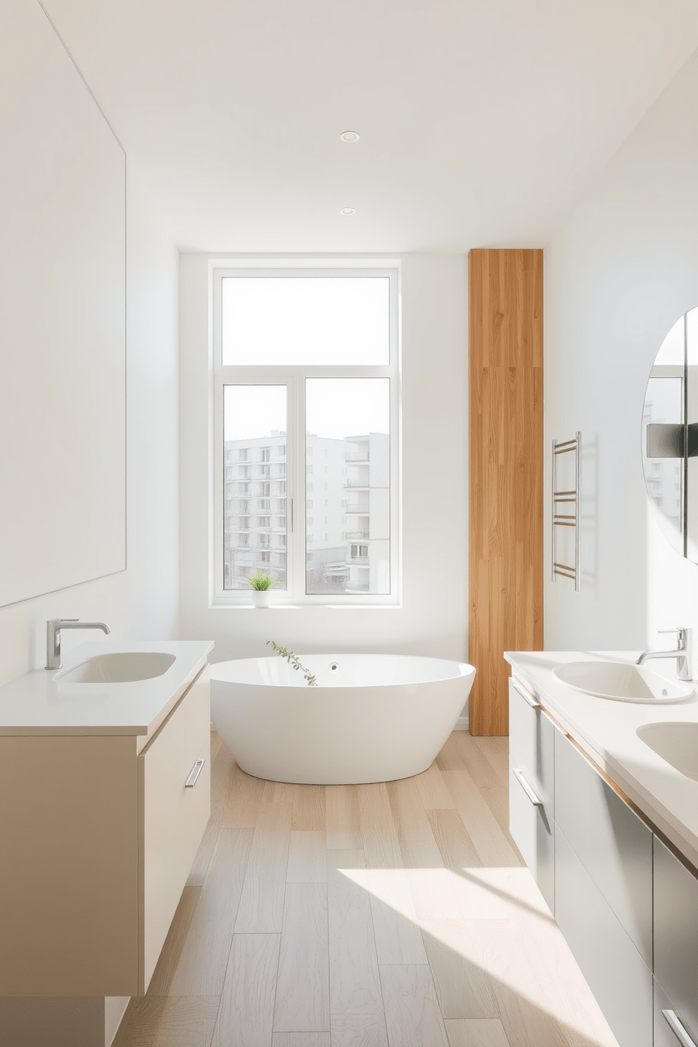 A minimalist bathroom design featuring a large mirror that enhances natural light. The walls are painted in a soft white hue with sleek, modern fixtures and a freestanding tub positioned beneath the window. The flooring consists of light wood planks that add warmth to the space. Simple greenery is placed on the countertop to bring a touch of nature indoors.