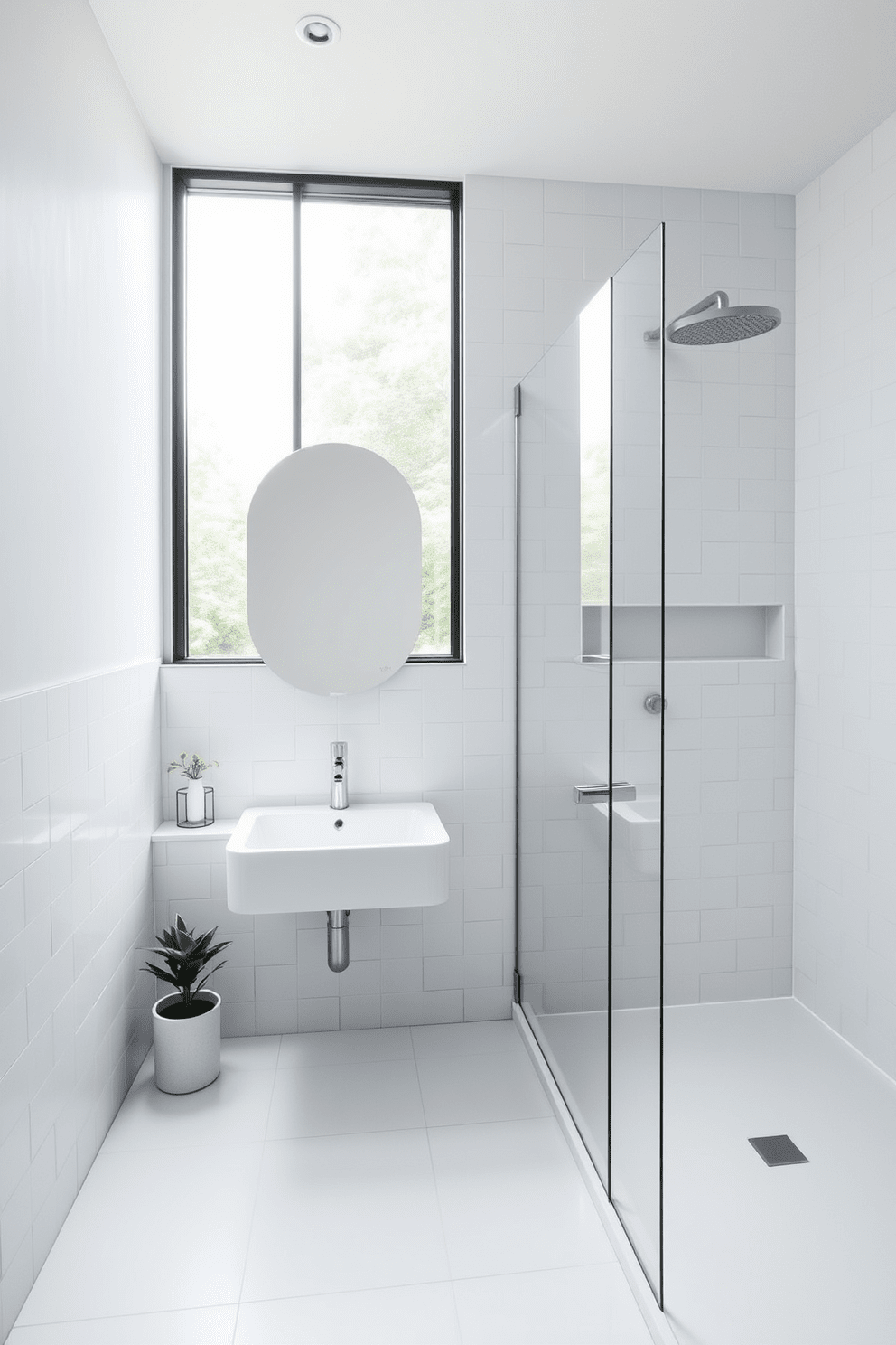 A minimalist bathroom featuring simple geometric tiles in a monochrome palette. The space includes a sleek, wall-mounted sink and a frameless glass shower enclosure, creating an open and airy feel. Natural light floods in through a large window, highlighting the clean lines and uncluttered surfaces. A single potted plant adds a touch of greenery, enhancing the serene atmosphere of the room.