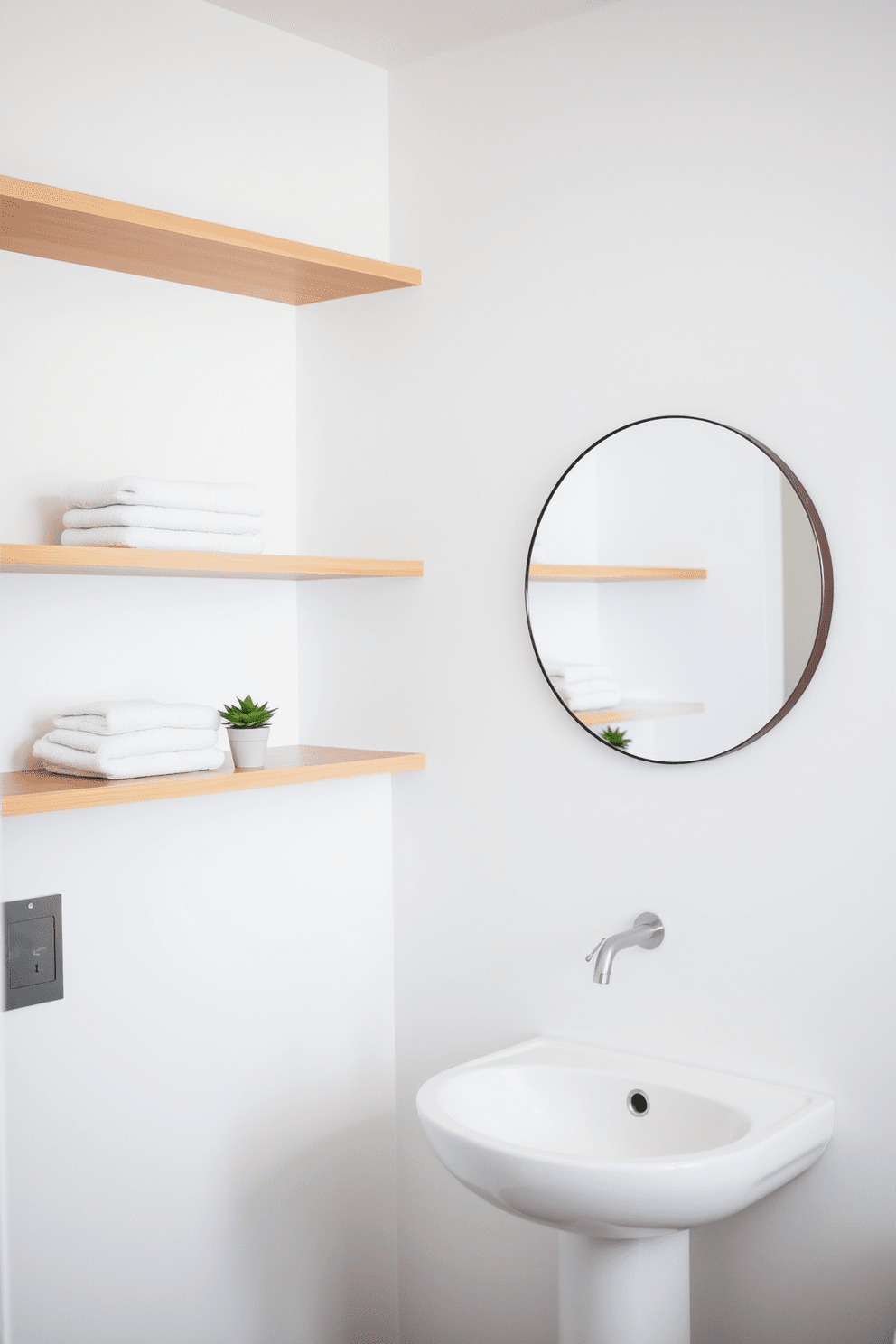 Open shelving creates a clean and airy feel in a minimalist bathroom. The shelves are made of natural wood and display neatly folded towels and small potted plants. The walls are painted in a soft white hue, enhancing the sense of space and tranquility. A simple, round mirror hangs above the sink, reflecting the minimalist aesthetic of the room.