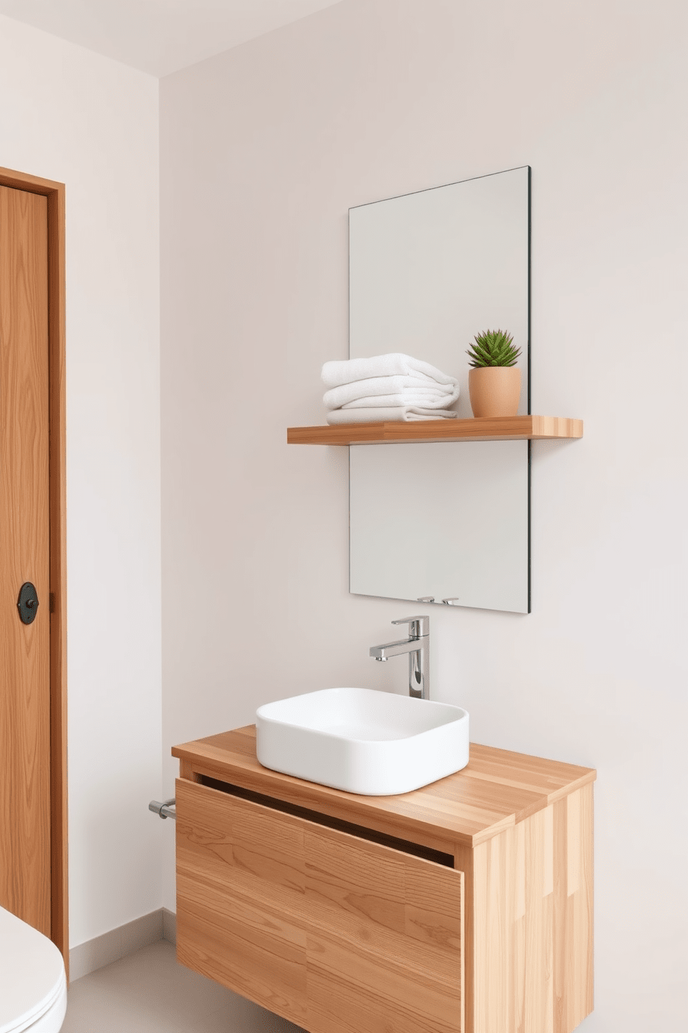 A minimalist bathroom design featuring natural wood accents that add warmth and texture. The space includes a sleek wooden vanity with a simple white sink, complemented by a large frameless mirror that enhances the airy feel. The walls are painted in a soft neutral tone, creating a serene atmosphere. Natural wood shelves are mounted for storage, showcasing neatly folded towels and a small potted plant for a touch of greenery.