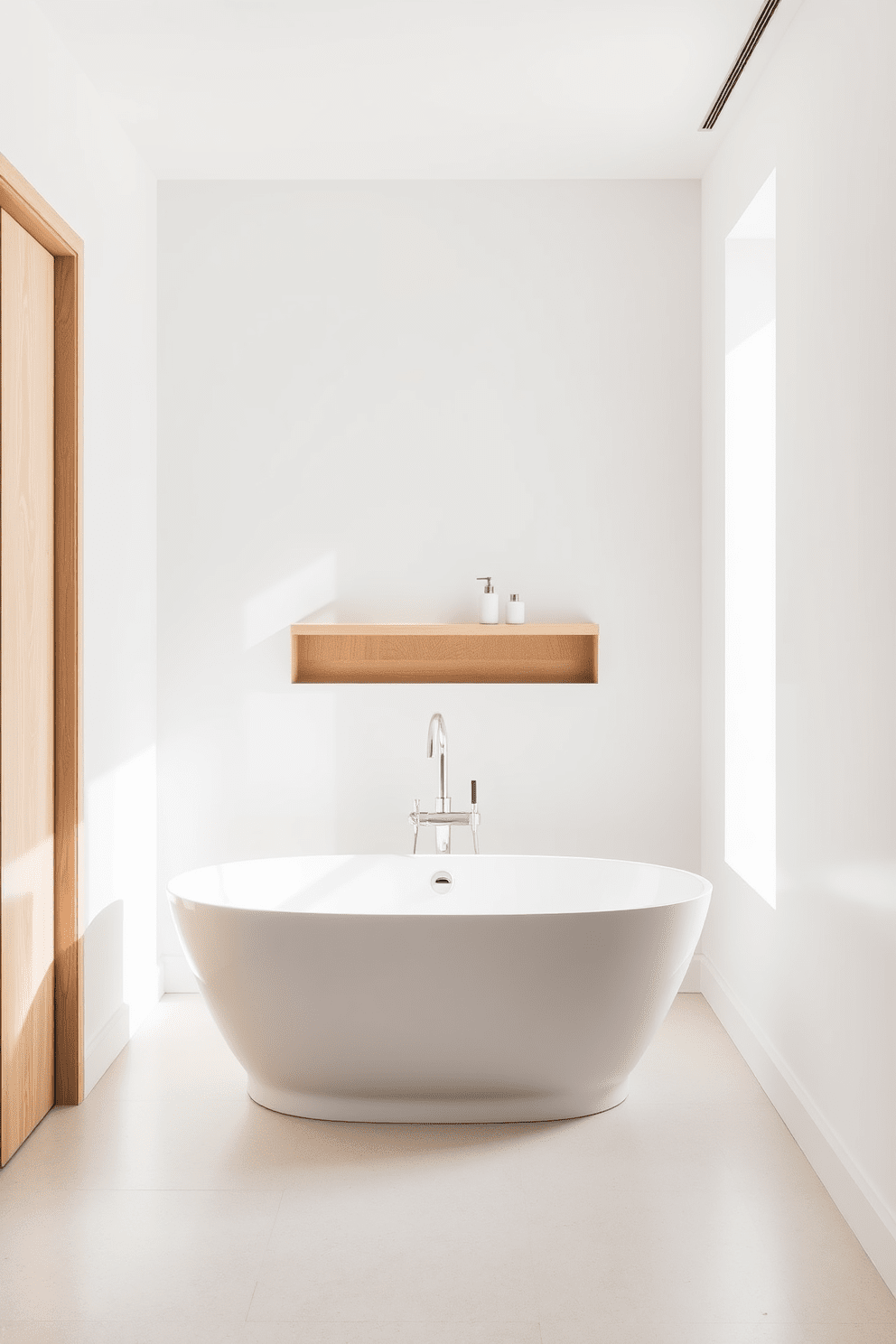 A minimalist bathroom design featuring a freestanding tub as the focal point. The tub is elegantly placed in the center of the room, surrounded by light wood accents and soft natural lighting. The walls are painted in a crisp white, creating a serene atmosphere. A simple wooden shelf holds a few carefully selected bath accessories, adding to the uncluttered aesthetic.