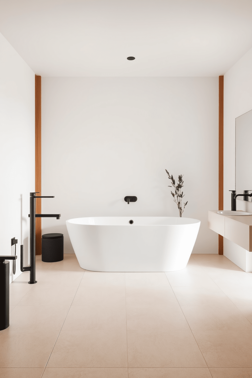 A serene bathroom space featuring minimalist fixtures in a matte black finish. The sleek lines of the fixtures contrast beautifully with the soft white walls and natural wood accents throughout the room. A freestanding bathtub sits elegantly in the center, surrounded by simple greenery for a touch of nature. The floor is adorned with large, light-colored tiles that enhance the overall sense of openness and tranquility.