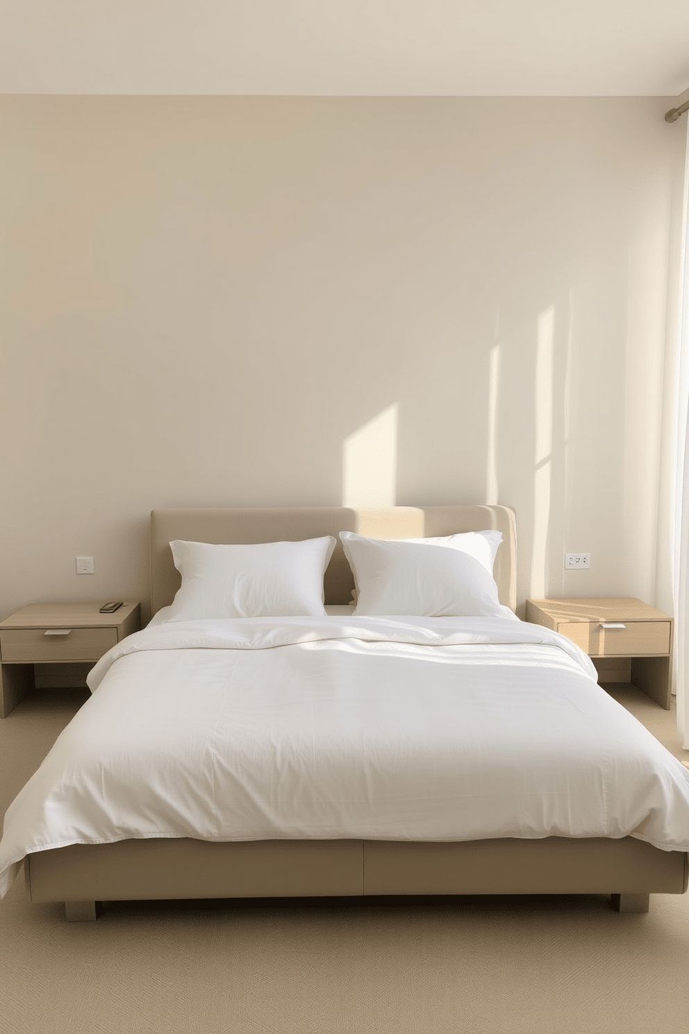 A serene minimalist bedroom featuring a neutral color palette that promotes a calming atmosphere. The walls are painted in soft beige, and the bedding consists of crisp white linens with subtle texture. A low-profile platform bed is positioned against the wall, complemented by simple nightstands on either side. Natural light filters in through sheer curtains, creating a warm and inviting space.