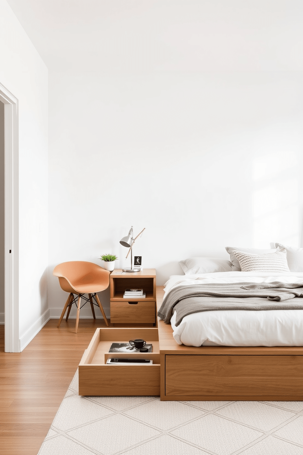 A minimalist bedroom features a sleek platform bed with built-in storage drawers underneath. The walls are painted in a soft white hue, creating a serene backdrop for the space. Incorporate a multifunctional nightstand that doubles as a workspace, with a small lamp and a potted plant on top. A cozy armchair in the corner serves as a reading nook, accompanied by a small side table for convenience.