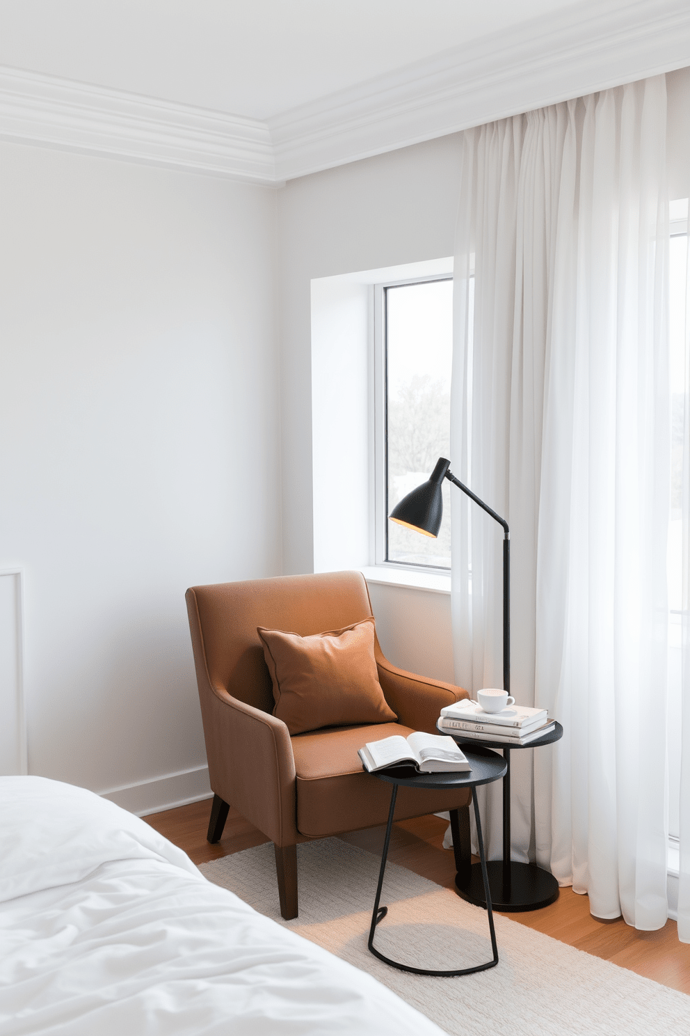 Create a cozy reading nook in the corner of a minimalist bedroom. A plush armchair is positioned next to a sleek floor lamp, with a small side table holding a stack of books and a steaming cup of tea. The walls are painted in a soft white, enhancing the airy feel of the space. A large window allows natural light to flood in, with sheer curtains gently draping to the sides.