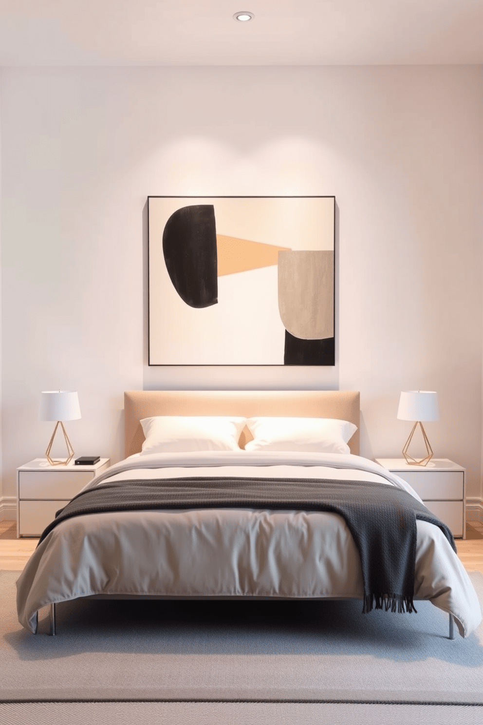 A minimalist bedroom design featuring clean lines and geometric shapes in decor elements. The bed is low-profile with a simple headboard, and the bedding is in neutral tones to create a calming atmosphere. On either side of the bed, sleek nightstands with geometric lamps provide subtle lighting. A large abstract art piece with bold shapes hangs above the bed, adding a focal point without overwhelming the space.