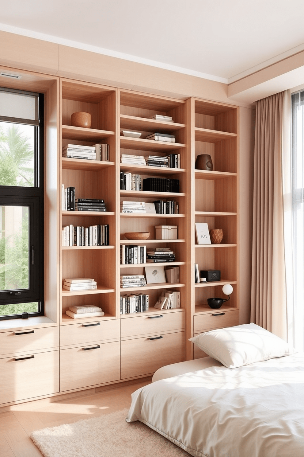 A minimalist bedroom design featuring built-in shelves that blend seamlessly into the walls. The shelves are made of light wood and are filled with neatly arranged books and decorative items, creating a clean and organized look. The bed is positioned against a wall with soft, neutral bedding and a simple headboard. Large windows allow natural light to flood the space, complemented by sheer curtains that maintain privacy while enhancing the airy atmosphere.