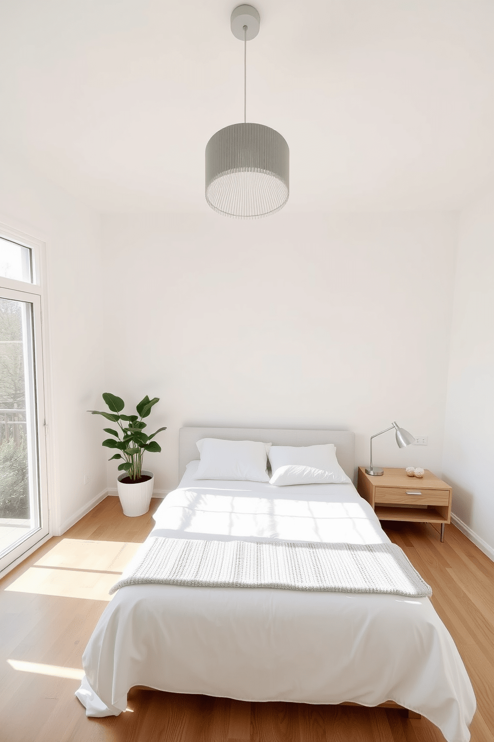 A serene minimalist bedroom featuring a statement light fixture that serves as the focal point of the room. The walls are painted in a soft white hue, and the flooring is a light natural wood, creating a warm and inviting atmosphere. The bed is dressed in crisp white linens with a textured throw blanket at the foot, complemented by a pair of simple bedside tables. A large window allows natural light to flood the space, and a potted plant adds a touch of greenery to the minimalist decor.