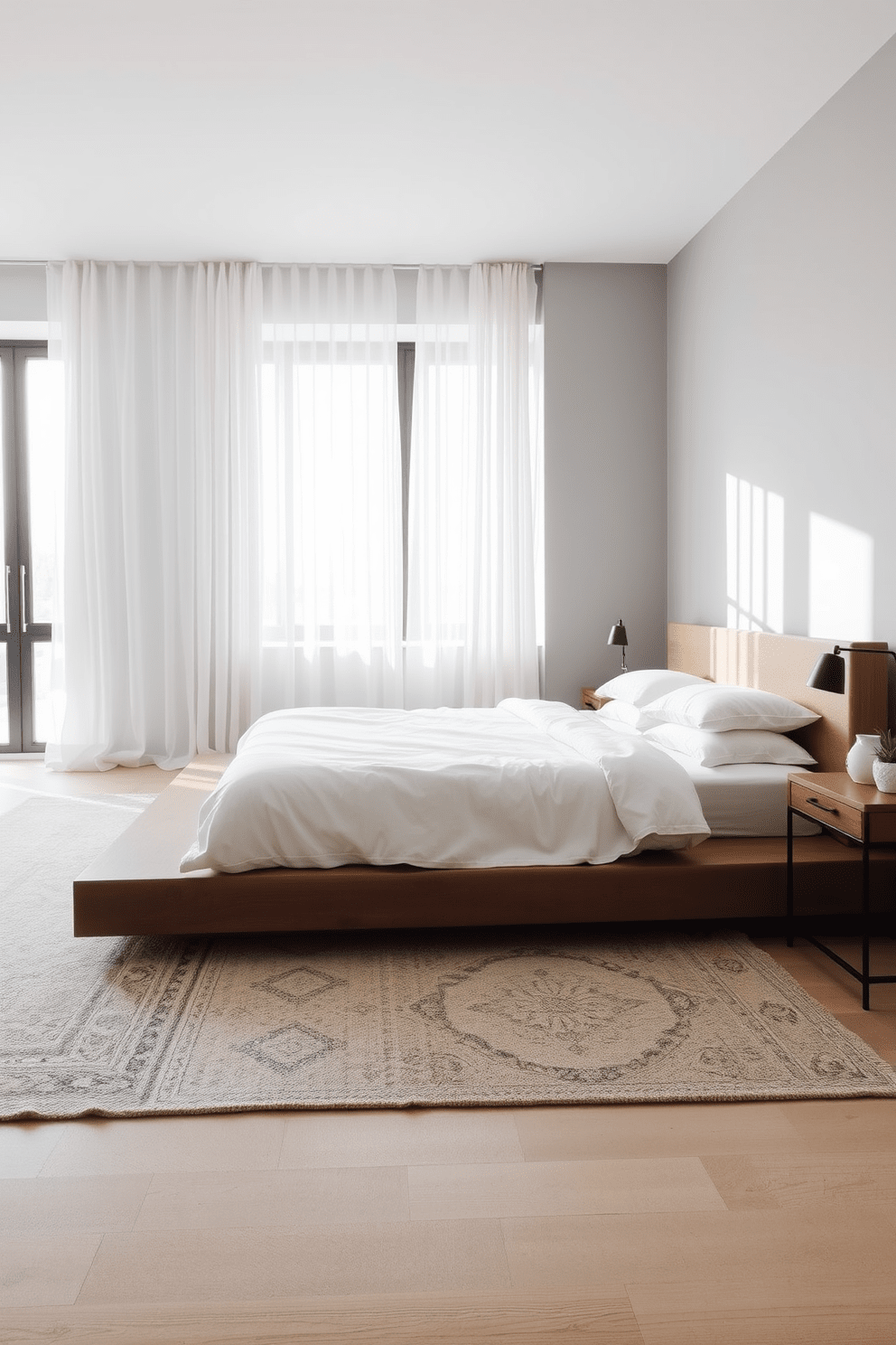 A serene minimalist bedroom featuring a low-profile platform bed adorned with crisp white linens and a soft area rug for warmth. The walls are painted in a soft gray hue, complemented by natural light streaming in through large windows dressed with sheer curtains.