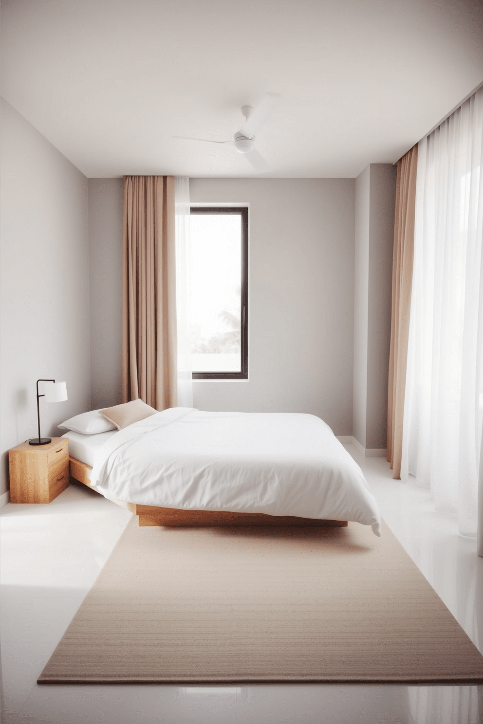 A minimalist bedroom design featuring a low-profile platform bed with a simple white duvet and a single accent pillow. The walls are painted in a soft gray tone, and a natural wood nightstand sits beside the bed with a sleek lamp. The floor is adorned with a neutral area rug that adds warmth without clutter. A large window allows natural light to fill the space, and sheer curtains gently frame the view while maintaining privacy.