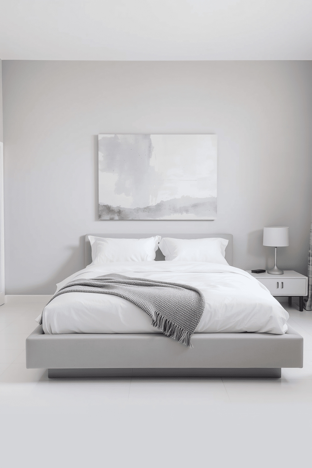 A serene minimalist bedroom featuring a monochromatic color scheme. The walls, bedding, and furniture are all in varying shades of soft gray, creating a cohesive and calming atmosphere. A low-profile platform bed is adorned with crisp white linens and a single textured throw blanket. A sleek nightstand with a simple lamp sits beside the bed, while a large abstract painting in shades of gray hangs above it.