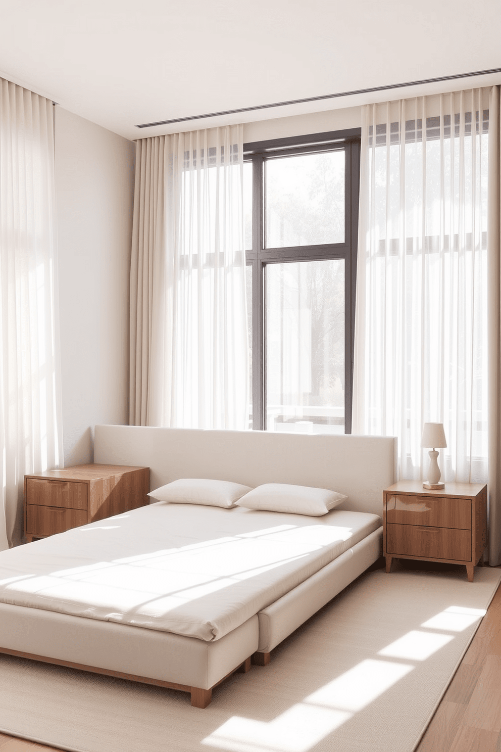 A minimalist bedroom design featuring streamlined furniture with clean lines. The bed is low-profile with a simple headboard, complemented by matching nightstands on either side. Natural light floods the space through large windows dressed with sheer curtains. The color palette consists of soft neutrals, creating a serene and calming atmosphere.