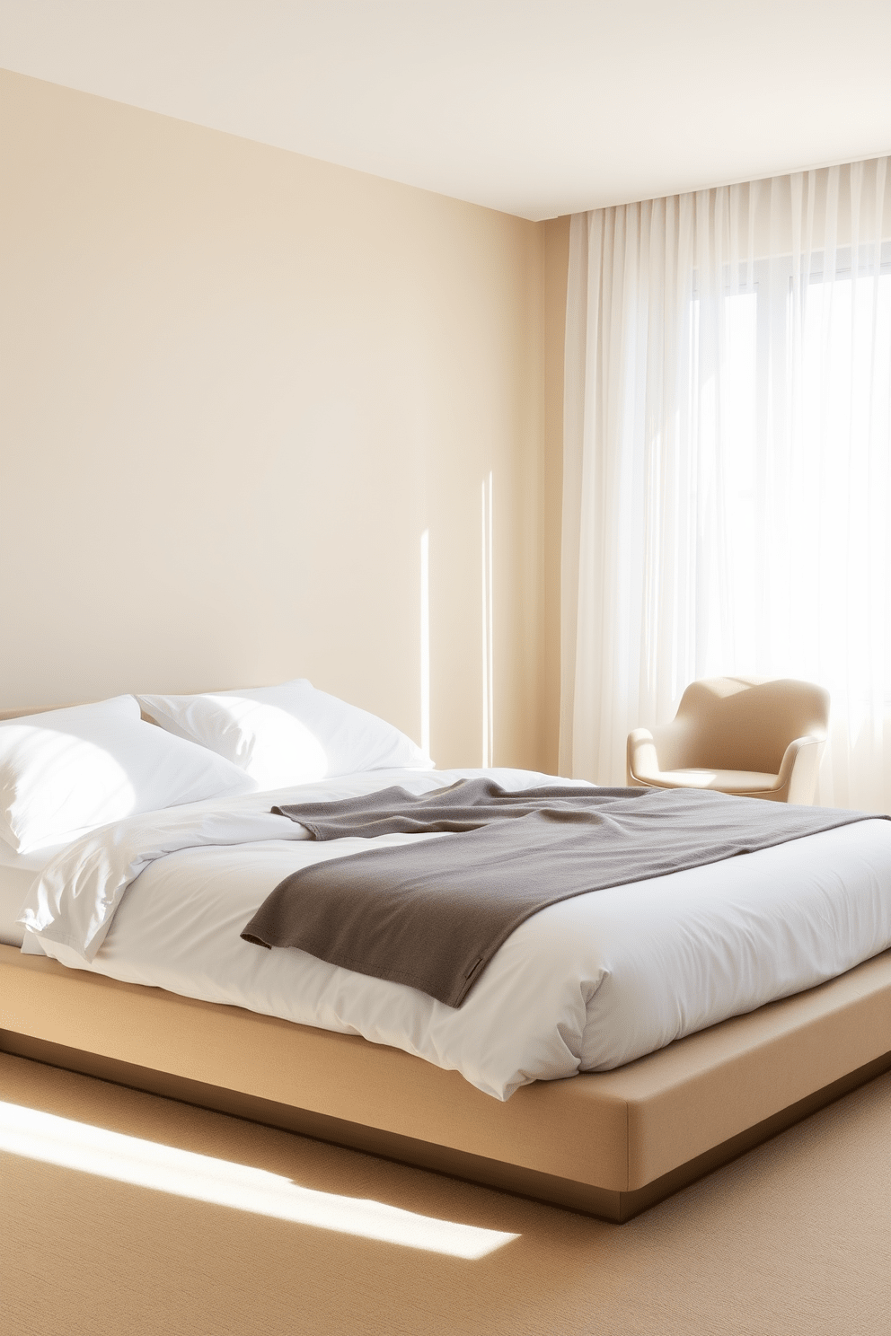 A serene minimalist bedroom featuring a low-profile platform bed with crisp white linens and a soft gray throw blanket. A simple accent chair in a muted tone is placed in the corner, adding a touch of style and comfort to the space. The walls are painted in a soft beige, creating a warm and inviting atmosphere. Natural light floods the room through sheer curtains, enhancing the calm and airy feel of the design.