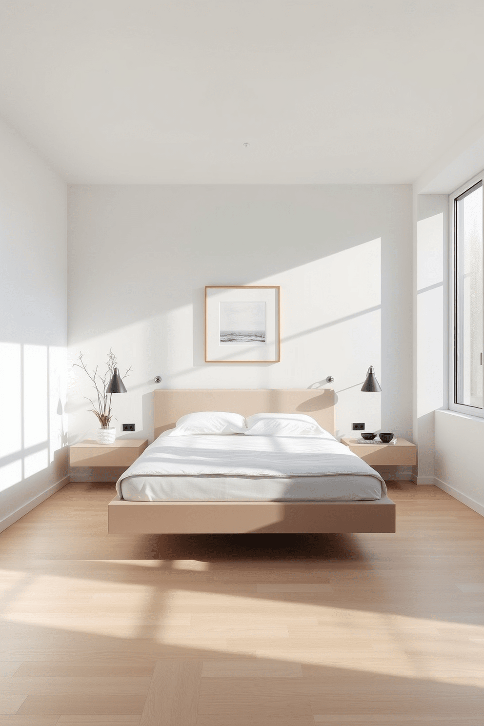 A minimalist bedroom featuring floating nightstands that create a sleek and modern aesthetic. The walls are painted in a soft white, enhancing the spacious feel, while a low-profile bed with crisp linens sits center stage. Natural light floods the room through large windows, casting gentle shadows on the light wood floor. A simple artwork hangs above the bed, complementing the understated elegance of the space.