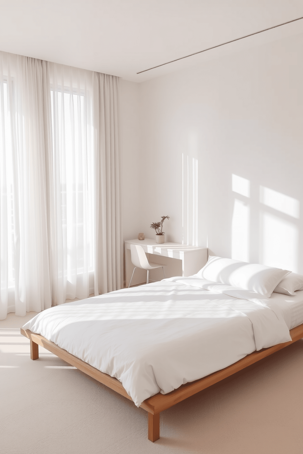 A serene minimalist bedroom featuring a sleek wooden bed frame with crisp white bedding. A minimalist desk is positioned against the wall, equipped with a simple chair and a small potted plant for a touch of greenery. The walls are painted in soft neutral tones, creating a calming atmosphere. Natural light filters through sheer curtains, illuminating the space and enhancing the minimalist aesthetic.