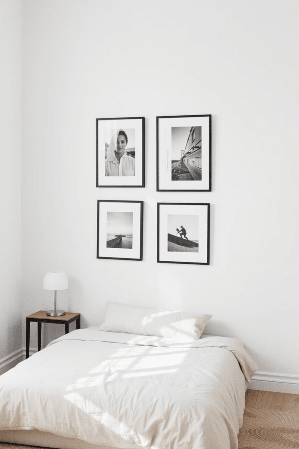 Create a small gallery wall featuring a collection of framed black and white photographs arranged in a grid pattern. The wall is painted in a soft white color to enhance the visual impact of the artwork. In the minimalist bedroom, a low-profile bed with a neutral-colored duvet sits against the wall. A simple bedside table with a single lamp complements the clean lines and uncluttered aesthetic of the space.