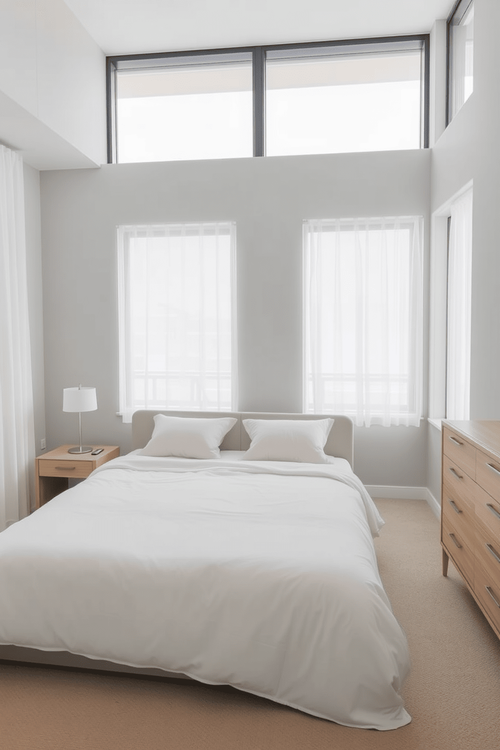 A minimalist bedroom design featuring a large bed with a simple white duvet and a pair of neutral-colored pillows. The walls are painted in a soft gray tone, and a low-profile nightstand with a sleek lamp sits on either side of the bed. Large windows allow natural light to flood the space, adorned with simple sheer curtains that provide privacy while maintaining an airy feel. A low, modern dresser in a light wood finish is positioned against one wall, enhancing the uncluttered aesthetic.