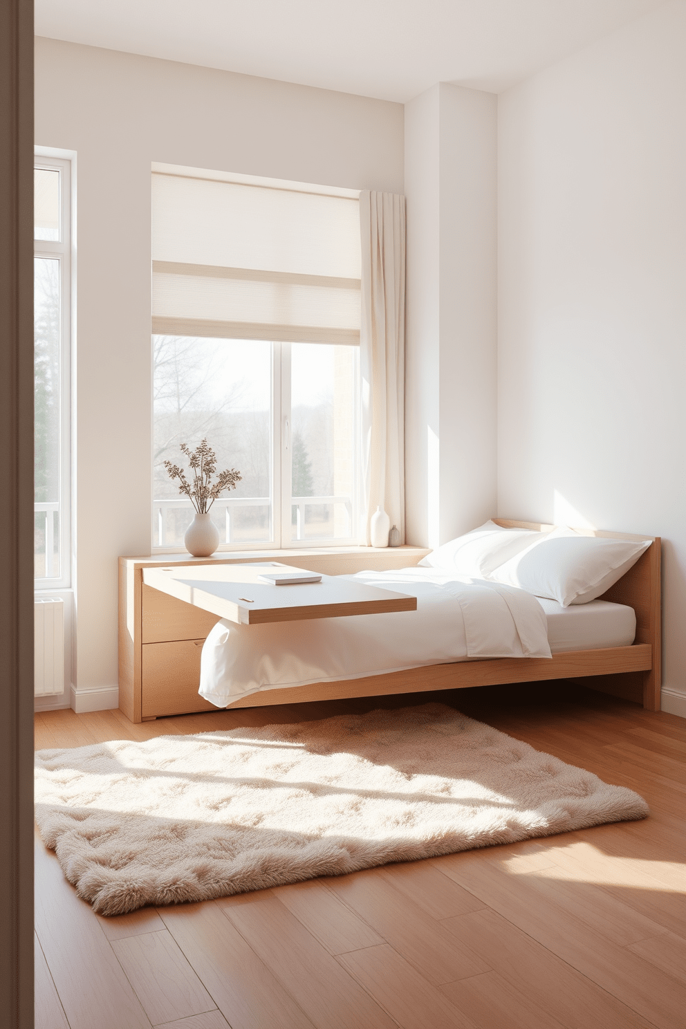 A minimalist bedroom featuring a foldable desk seamlessly integrated into the design. The room is adorned with neutral tones, showcasing a simple bed with crisp white linens and a light wood frame. Natural light floods the space through large windows, illuminating the soft textures of a cozy area rug. A few carefully chosen decorative items are placed on the desk, enhancing functionality without cluttering the serene atmosphere.