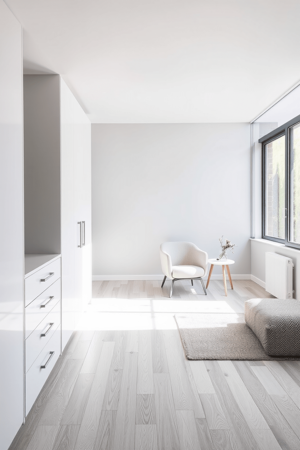 A minimalist bedroom featuring a sleek dresser with ample storage space. The dresser is finished in a soft white hue and has clean lines, blending seamlessly with the light wood flooring. The walls are painted in a calming light gray, creating a serene atmosphere. A large window allows natural light to flood the room, illuminating a cozy reading nook with a simple armchair and a small side table.