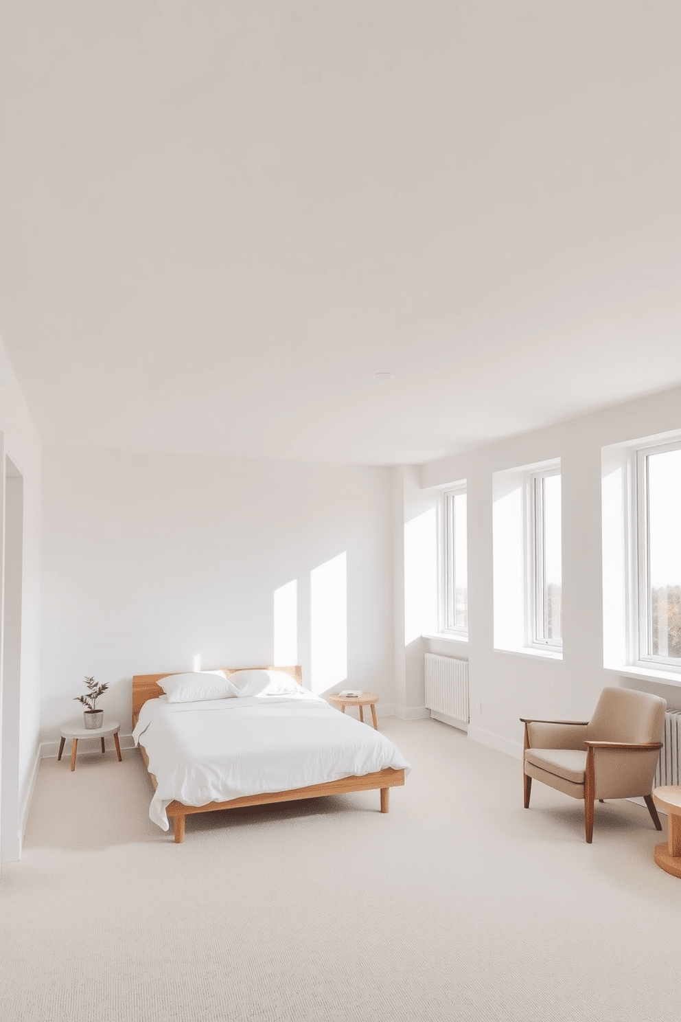 A serene minimalist bedroom featuring a light color ceiling that enhances the spacious feel of the room. The walls are painted in soft white, complemented by a low-profile bed with a simple wooden frame and crisp white bedding. Large windows allow natural light to flood the space, providing a tranquil atmosphere. A single bedside table holds a small plant, while a cozy armchair in the corner invites relaxation.